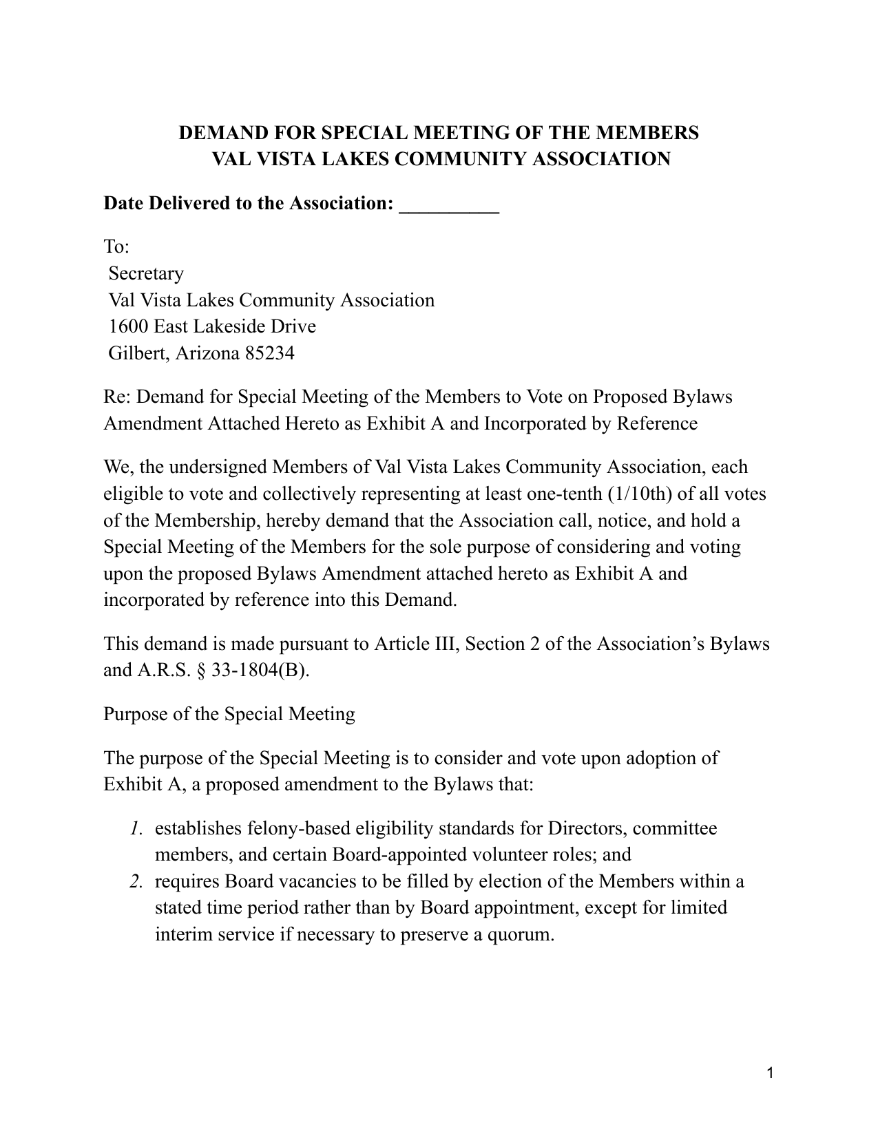 Demand for Special Meeting page 1